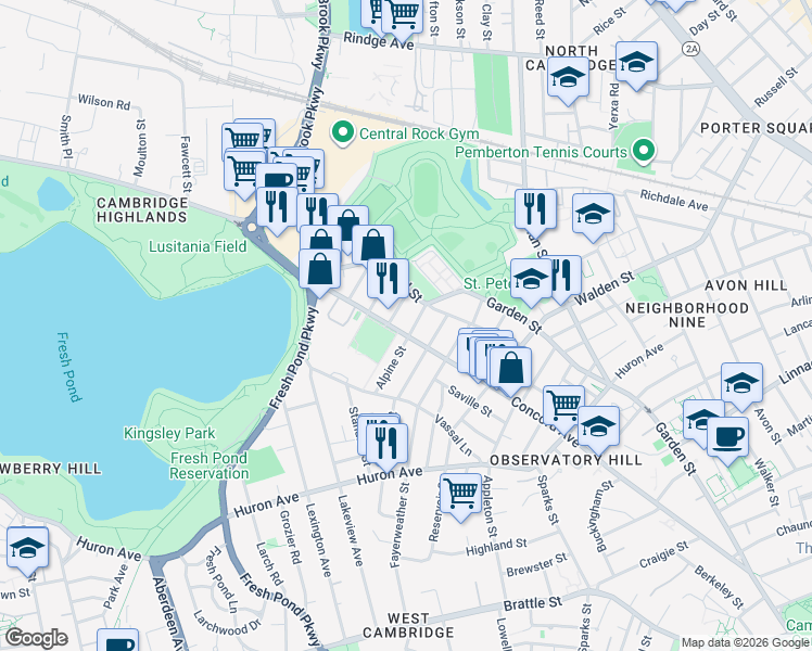 map of restaurants, bars, coffee shops, grocery stores, and more near 387 Concord Avenue in Cambridge