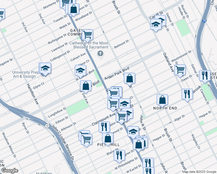 map of restaurants, bars, coffee shops, grocery stores, and more near 9504 Woodward Avenue in Detroit