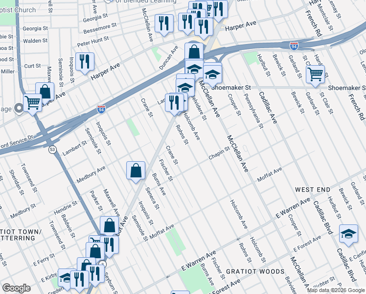 map of restaurants, bars, coffee shops, grocery stores, and more near 5789 Rohns Street in Detroit