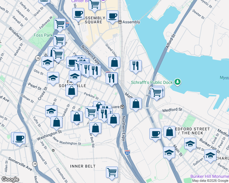 map of restaurants, bars, coffee shops, grocery stores, and more near 8 Mt Pleasant St in Somerville