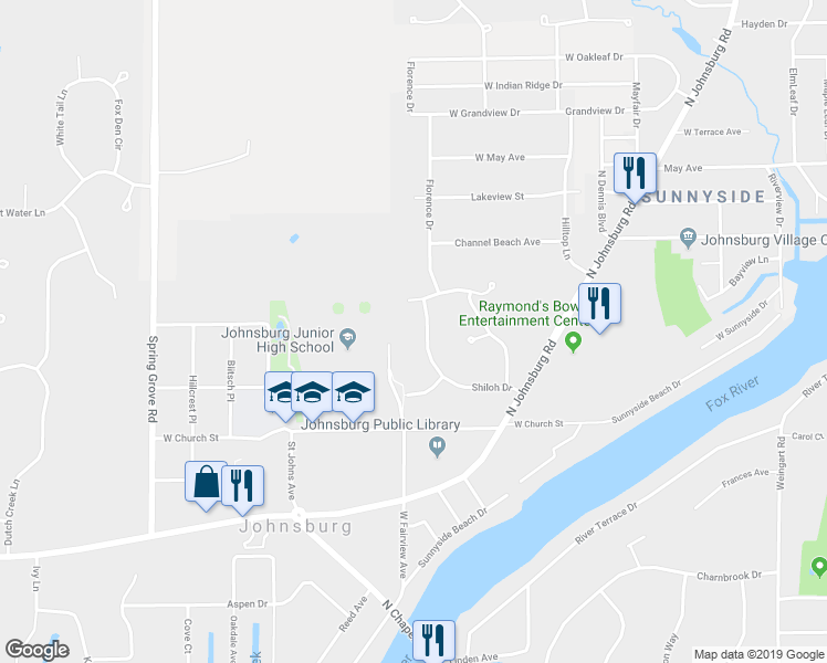 map of restaurants, bars, coffee shops, grocery stores, and more near 4005 Shiloh Drive in Johnsburg