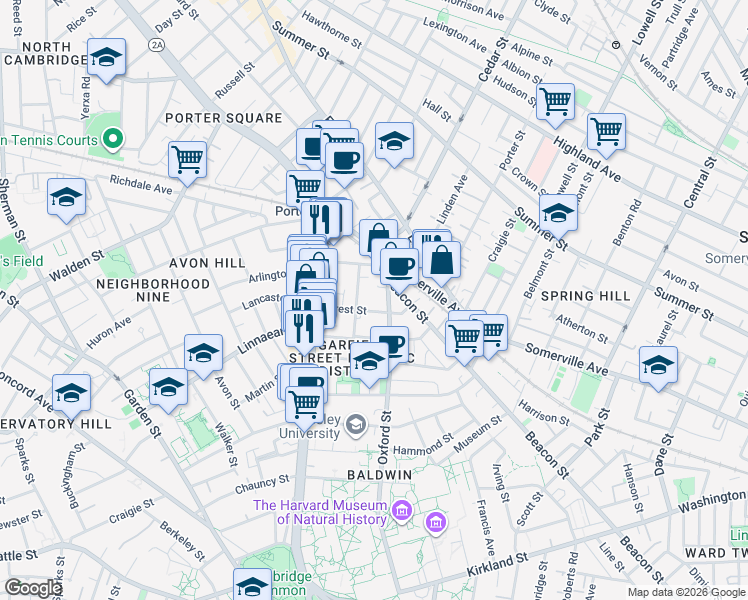 map of restaurants, bars, coffee shops, grocery stores, and more near 133 Oxford Street in Cambridge
