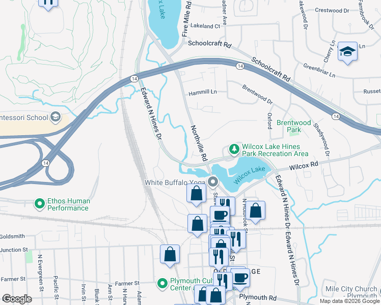 map of restaurants, bars, coffee shops, grocery stores, and more near 42955 River Bend Drive in Plymouth