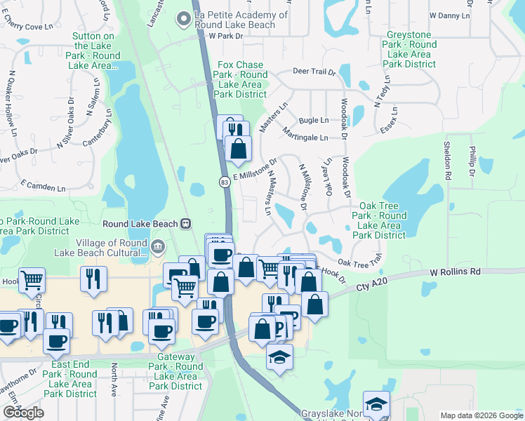 map of restaurants, bars, coffee shops, grocery stores, and more near 2060 North Masters Lane in Lake Villa