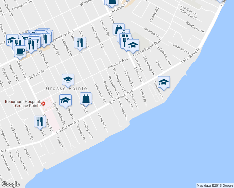 map of restaurants, bars, coffee shops, grocery stores, and more near 267 Roosevelt Place in Grosse Pointe