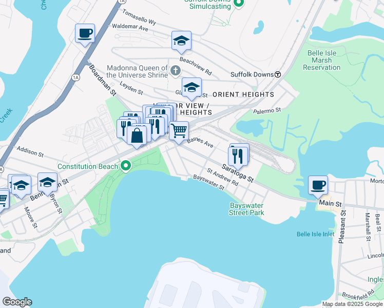 map of restaurants, bars, coffee shops, grocery stores, and more near 1065 Saratoga Street in Boston