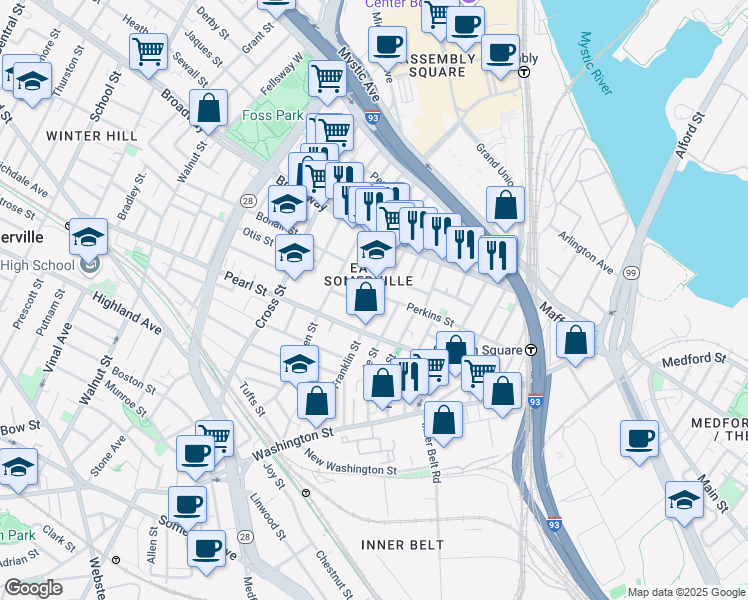 map of restaurants, bars, coffee shops, grocery stores, and more near 22 Franklin Street in Somerville