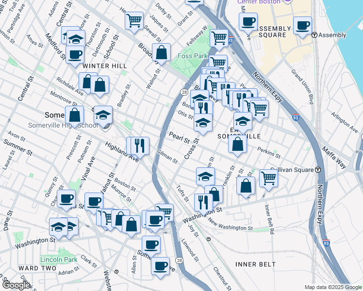 map of restaurants, bars, coffee shops, grocery stores, and more near 83 Flint Street in Somerville