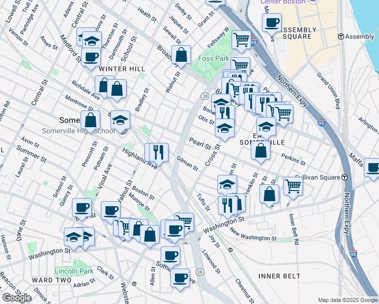 map of restaurants, bars, coffee shops, grocery stores, and more near 83 Flint Street in Somerville