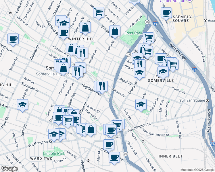 map of restaurants, bars, coffee shops, grocery stores, and more near 285 Medford Street in Somerville