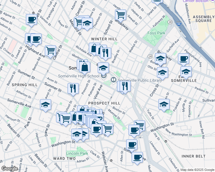map of restaurants, bars, coffee shops, grocery stores, and more near 50 Highland Avenue in Somerville