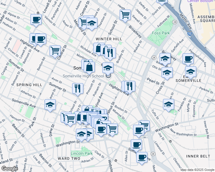 map of restaurants, bars, coffee shops, grocery stores, and more near 50 Highland Avenue in Somerville