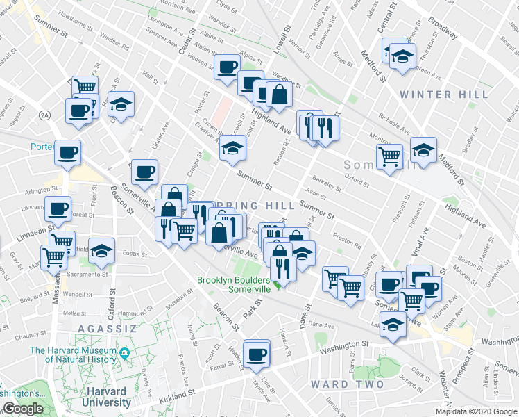 map of restaurants, bars, coffee shops, grocery stores, and more near in Somerville