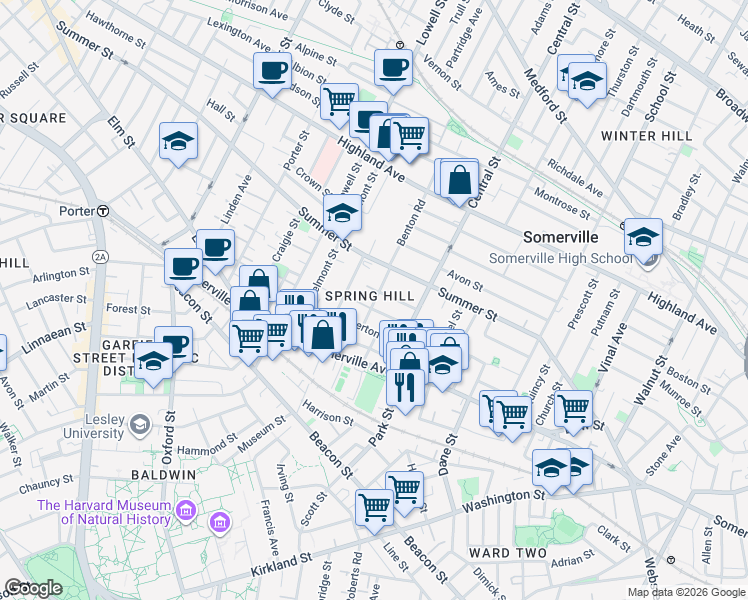 map of restaurants, bars, coffee shops, grocery stores, and more near in Somerville