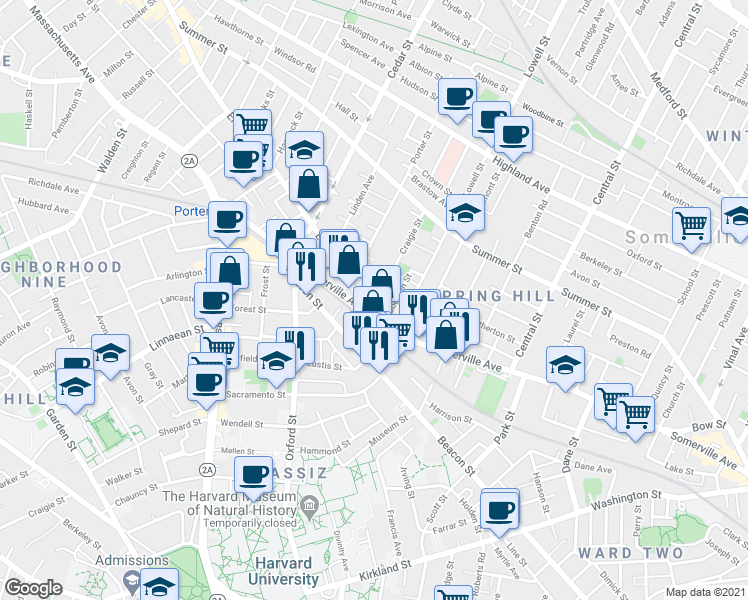 map of restaurants, bars, coffee shops, grocery stores, and more near 693 Somerville Avenue in Somerville