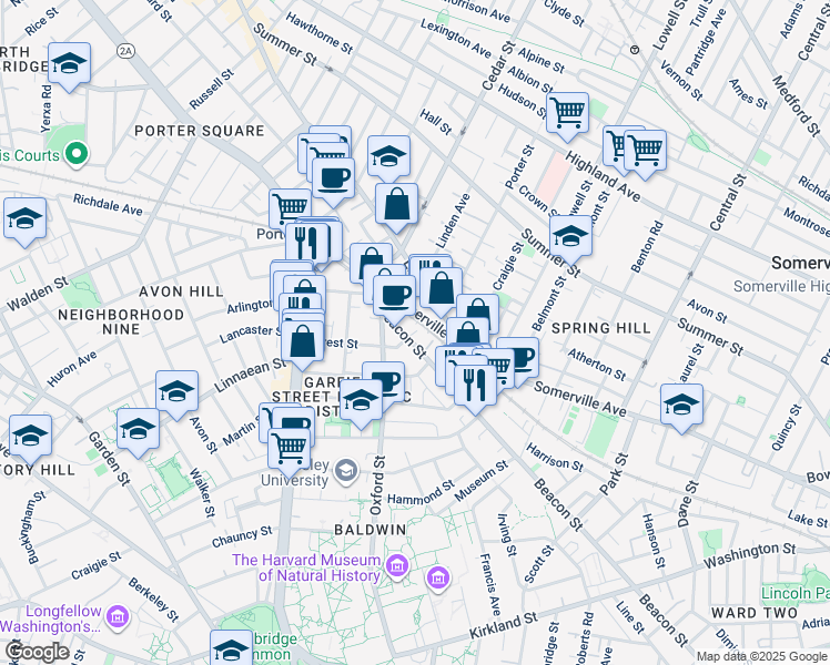 map of restaurants, bars, coffee shops, grocery stores, and more near 345 Beacon Street in Somerville