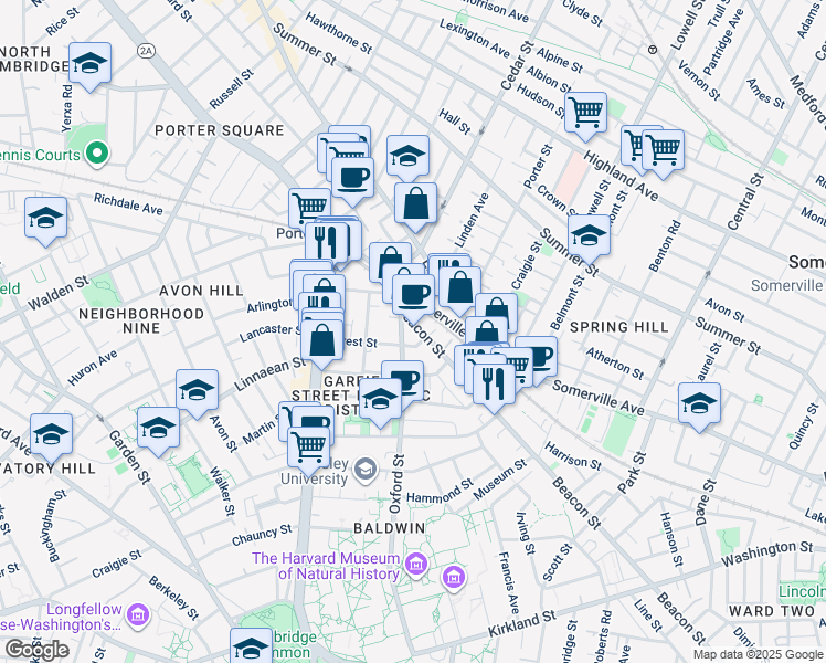 map of restaurants, bars, coffee shops, grocery stores, and more near 345 Beacon Street in Somerville