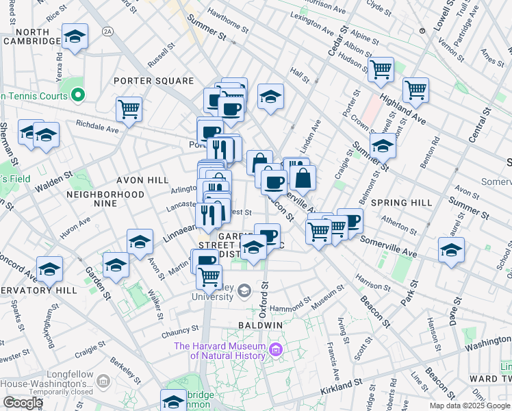 map of restaurants, bars, coffee shops, grocery stores, and more near 133 Oxford Street in Cambridge