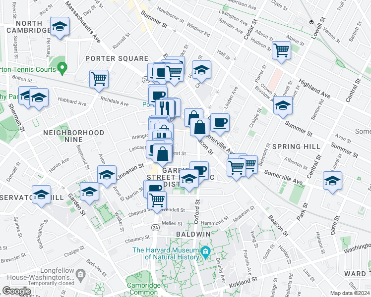 map of restaurants, bars, coffee shops, grocery stores, and more near 9 Forest Street in Cambridge
