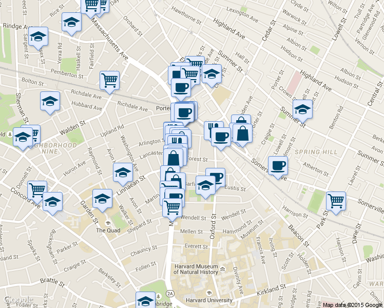 map of restaurants, bars, coffee shops, grocery stores, and more near 9 Forest Street in Cambridge