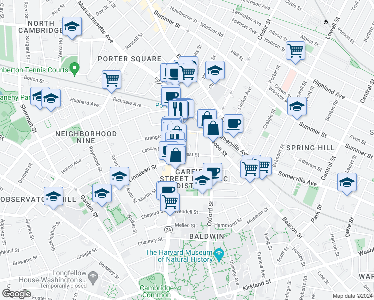 map of restaurants, bars, coffee shops, grocery stores, and more near 9 Forest Street in Cambridge