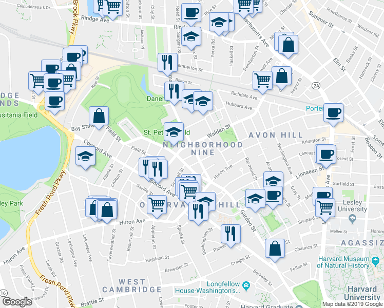 map of restaurants, bars, coffee shops, grocery stores, and more near 9 Stearns Street in Cambridge