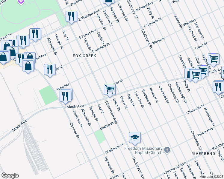 map of restaurants, bars, coffee shops, grocery stores, and more near 3935 Drexel Street in Detroit