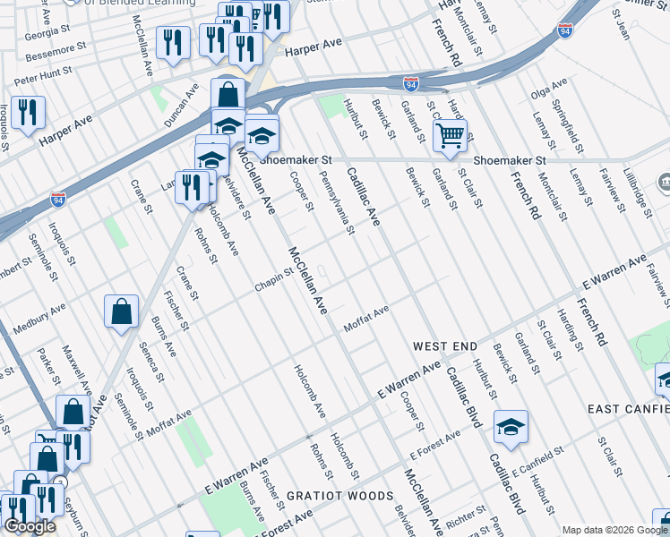 map of restaurants, bars, coffee shops, grocery stores, and more near 5537 Cooper Street in Detroit