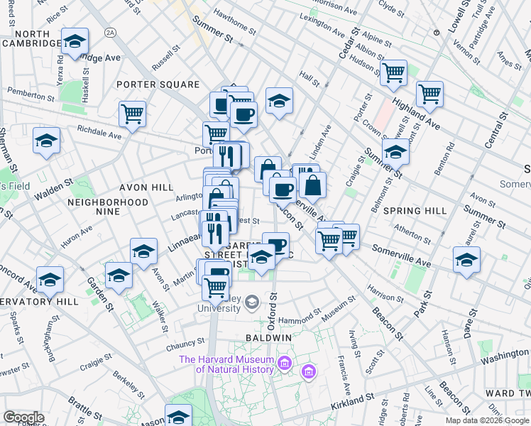 map of restaurants, bars, coffee shops, grocery stores, and more near 133 Oxford Street in Cambridge