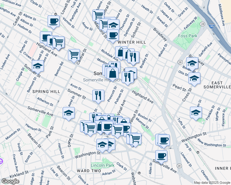 map of restaurants, bars, coffee shops, grocery stores, and more near 44 Prescott Street in Somerville