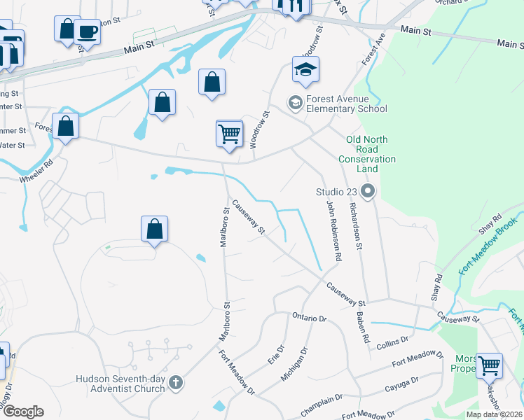 map of restaurants, bars, coffee shops, grocery stores, and more near 10 Causeway Street in Hudson