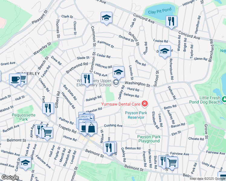 map of restaurants, bars, coffee shops, grocery stores, and more near 95 Washington Street in Belmont