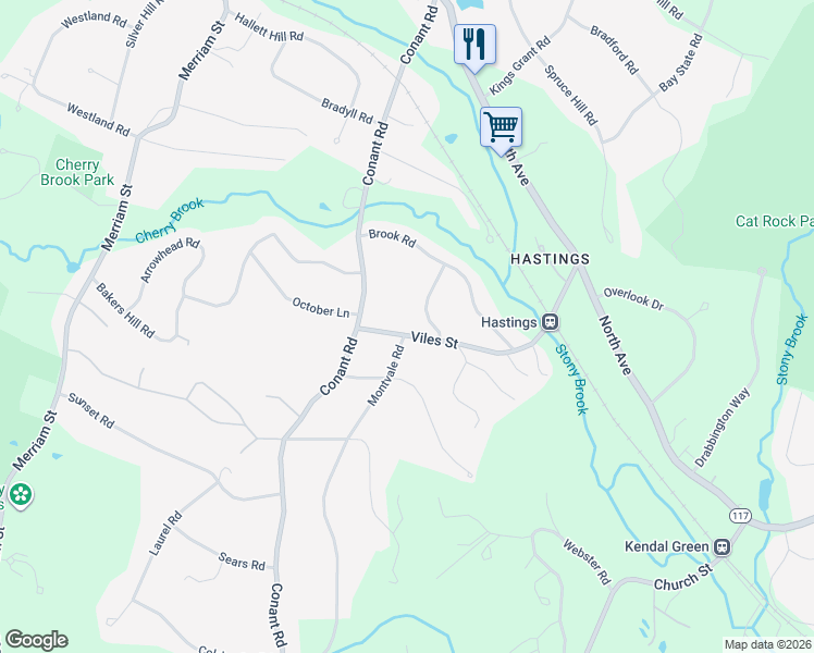 map of restaurants, bars, coffee shops, grocery stores, and more near 16 Viles Street in Weston