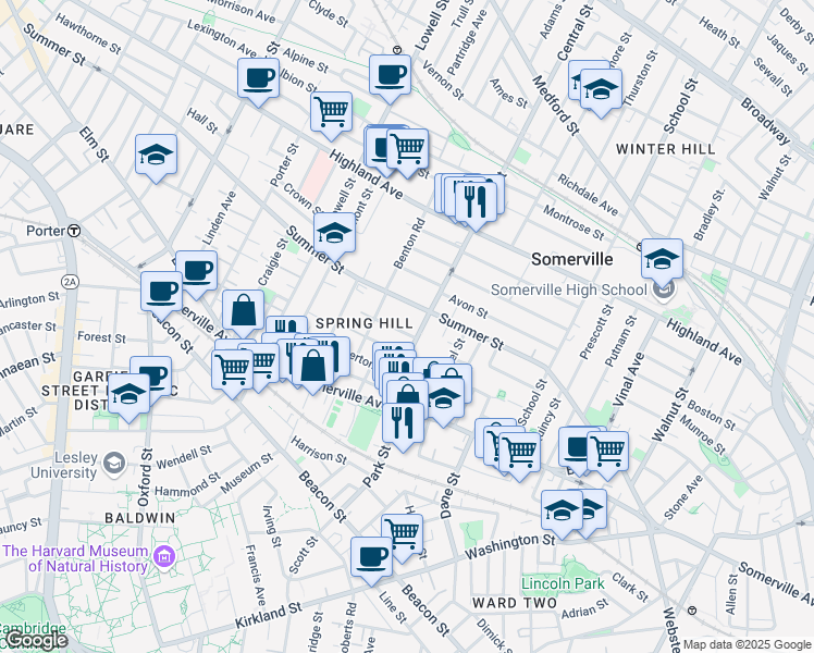 map of restaurants, bars, coffee shops, grocery stores, and more near 9 Monmouth Street in Somerville