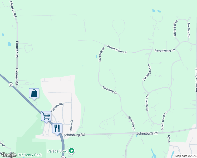map of restaurants, bars, coffee shops, grocery stores, and more near 4006 Riverside Drive in Johnsburg