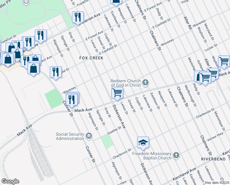 map of restaurants, bars, coffee shops, grocery stores, and more near 3952 Dickerson Avenue in Detroit