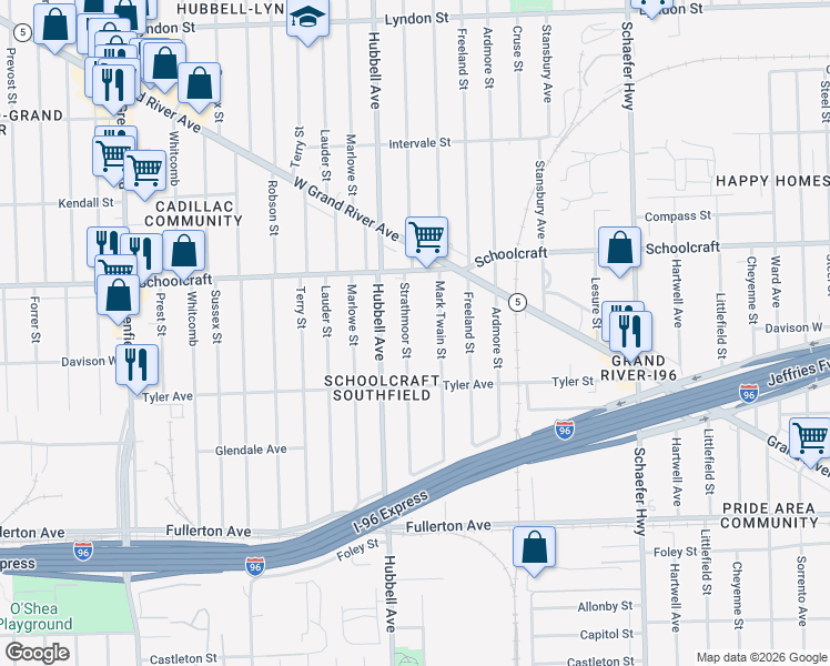 map of restaurants, bars, coffee shops, grocery stores, and more near 13296 Strathmoor Street in Detroit