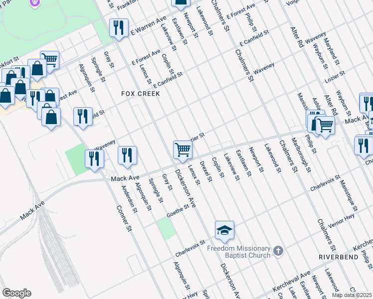 map of restaurants, bars, coffee shops, grocery stores, and more near 3935 Drexel Street in Detroit