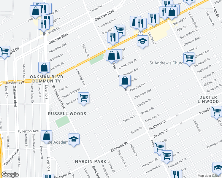 map of restaurants, bars, coffee shops, grocery stores, and more near 3800 Leslie Street in Detroit