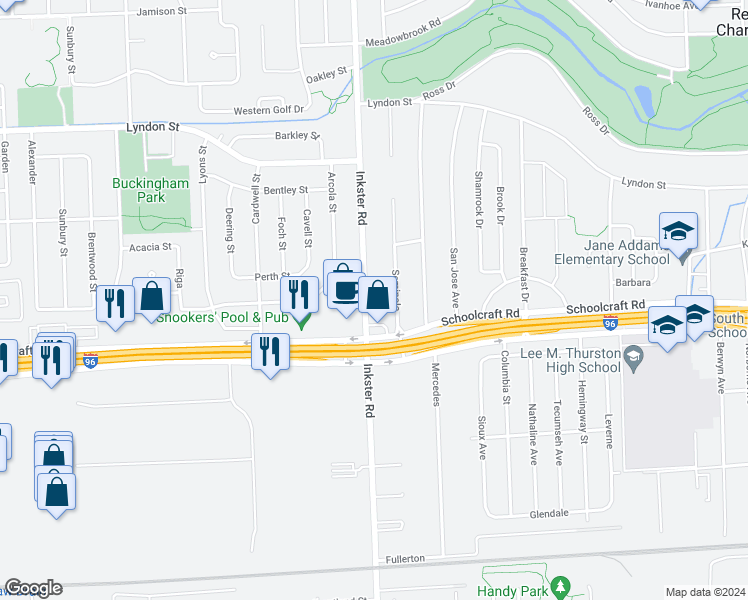 map of restaurants, bars, coffee shops, grocery stores, and more near 13978 Inkster Road in Redford Charter Township