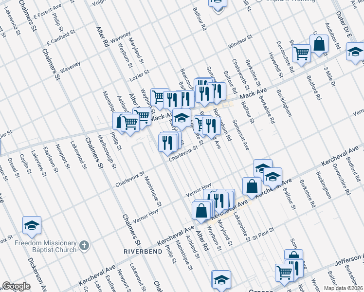 map of restaurants, bars, coffee shops, grocery stores, and more near 15037 Charlevoix Street in Grosse Pointe Park
