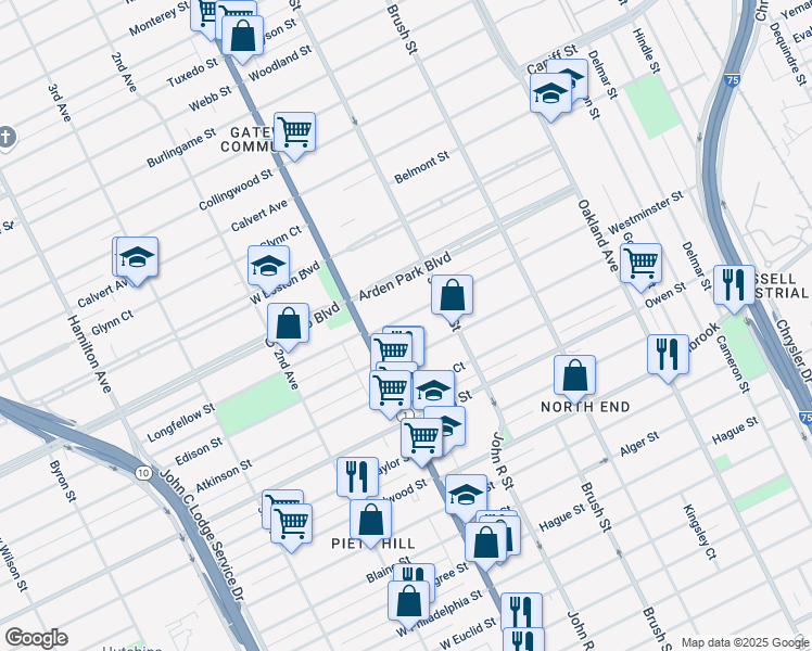 map of restaurants, bars, coffee shops, grocery stores, and more near 70 Westminster Street in Detroit