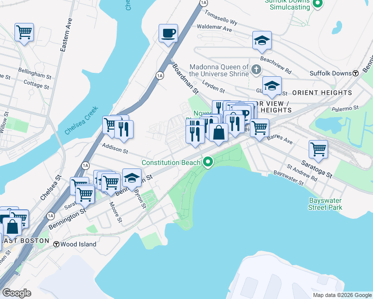 map of restaurants, bars, coffee shops, grocery stores, and more near 738 Bennington Street in Boston
