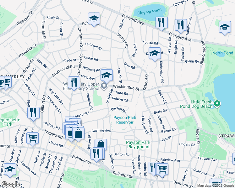 map of restaurants, bars, coffee shops, grocery stores, and more near 21 Hurd Road in Belmont