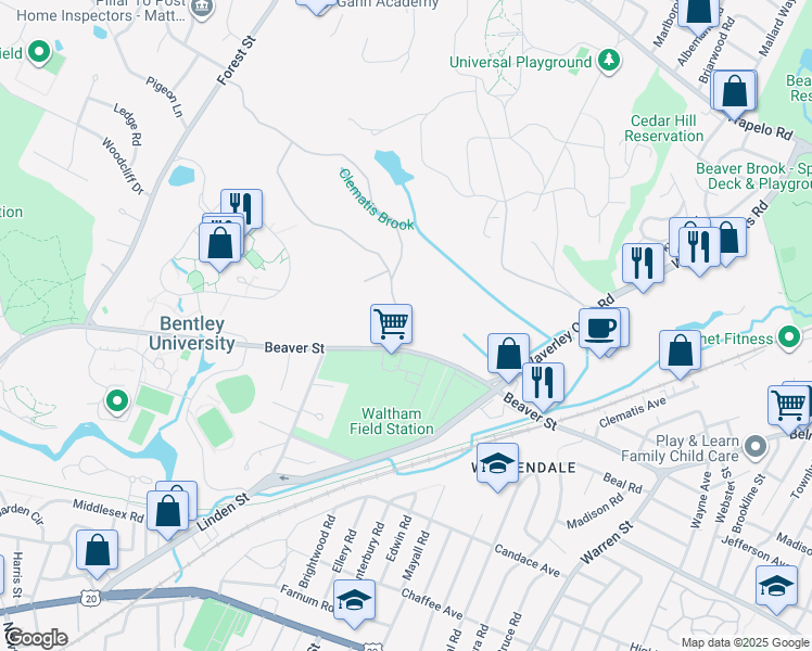 map of restaurants, bars, coffee shops, grocery stores, and more near 265 Beaver Street in Waltham