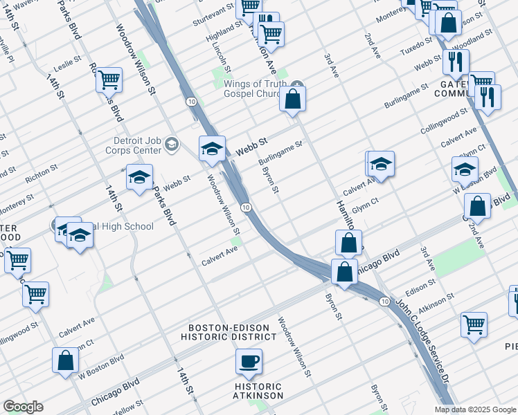 map of restaurants, bars, coffee shops, grocery stores, and more near 1486 Collingwood Street in Detroit