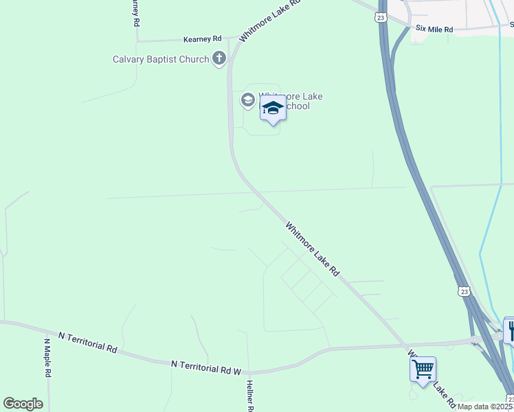 map of restaurants, bars, coffee shops, grocery stores, and more near 7285 Whitmore Lake Road in Whitmore Lake