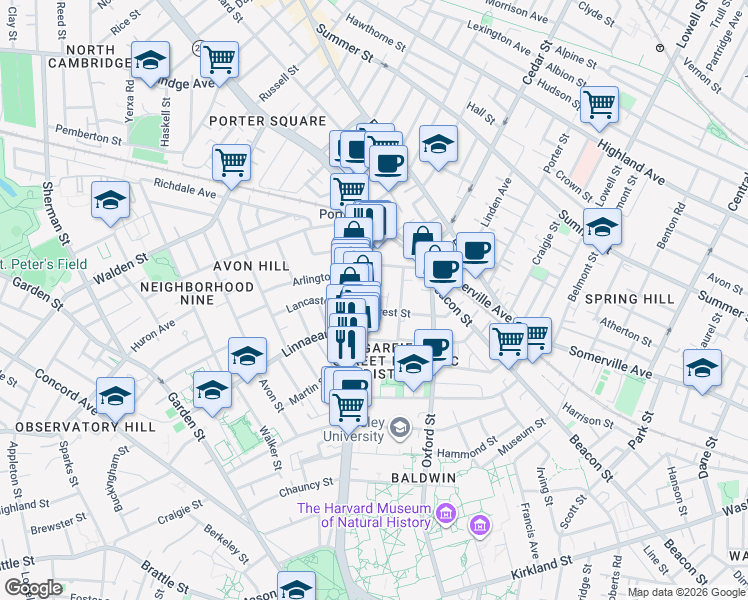 map of restaurants, bars, coffee shops, grocery stores, and more near 9 Forest Street in Cambridge