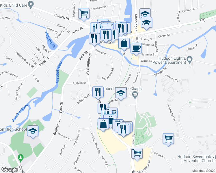 map of restaurants, bars, coffee shops, grocery stores, and more near 107 Houghton Street in Hudson
