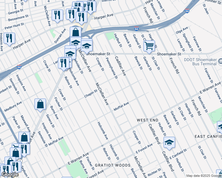 map of restaurants, bars, coffee shops, grocery stores, and more near 5537 Cooper Street in Detroit